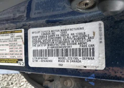 2004 Toyota Corolla Le from USA, damaged, VIN 2T1BR32E04C261861